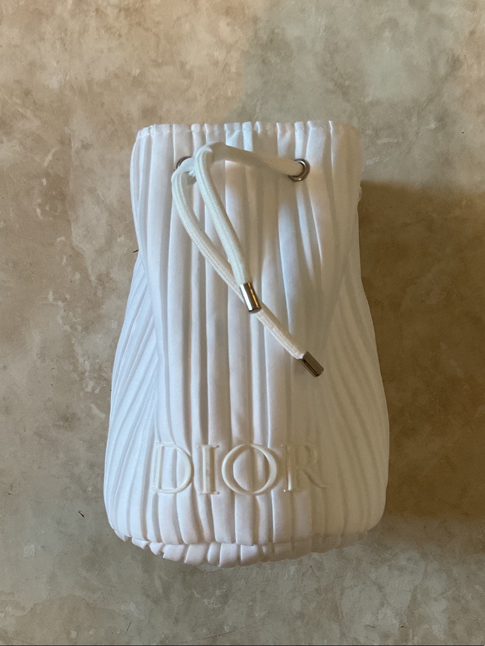Dior White Pleated Drawstring Cosmetic Pouch